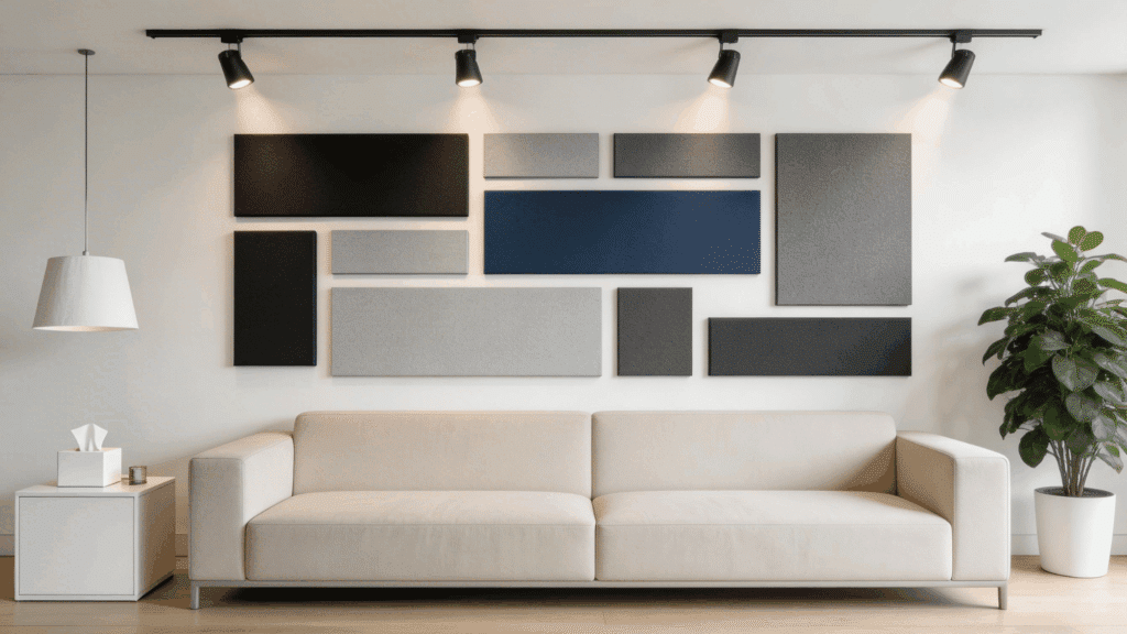 Making DIY Sound Absorbing Panels That Actually Work Minimalist interior featuring a light beige sofa beneath diy sound absorbing panels acoustic wall by track lighting.