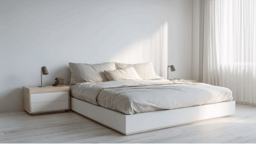 _Minimalist neutral bedroom with simple decor and clean lines
