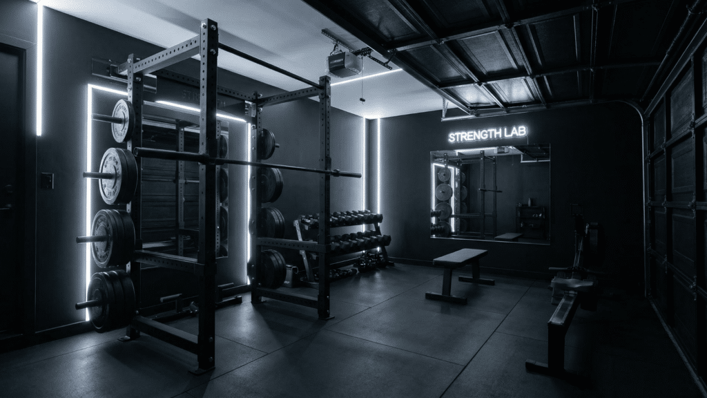 Modern all black half garage gym with matching rack, bumper plates, and LED lighting