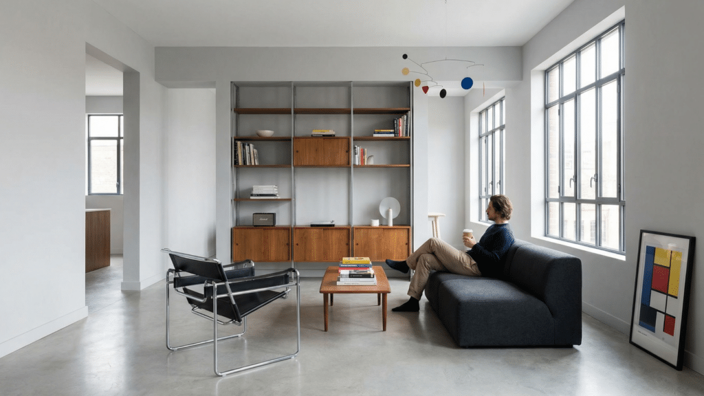 Modern apartment designed using Bauhaus interior design principles with clean lines and functional layout