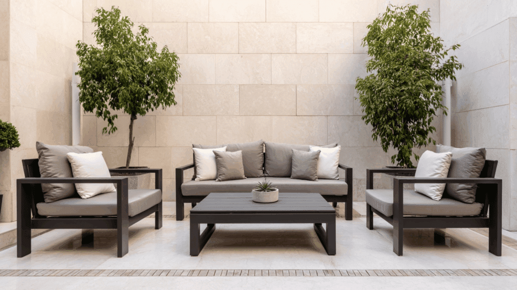 Modern arranged outdoor furniture set featuring a dark gray sofa, two matching armchairs, and a coffee table against a light stone tiled wall with potted trees.