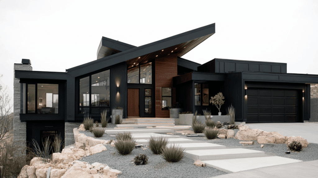 Modern black architectural home featuring a dramatic slanted roofline with stone steps.