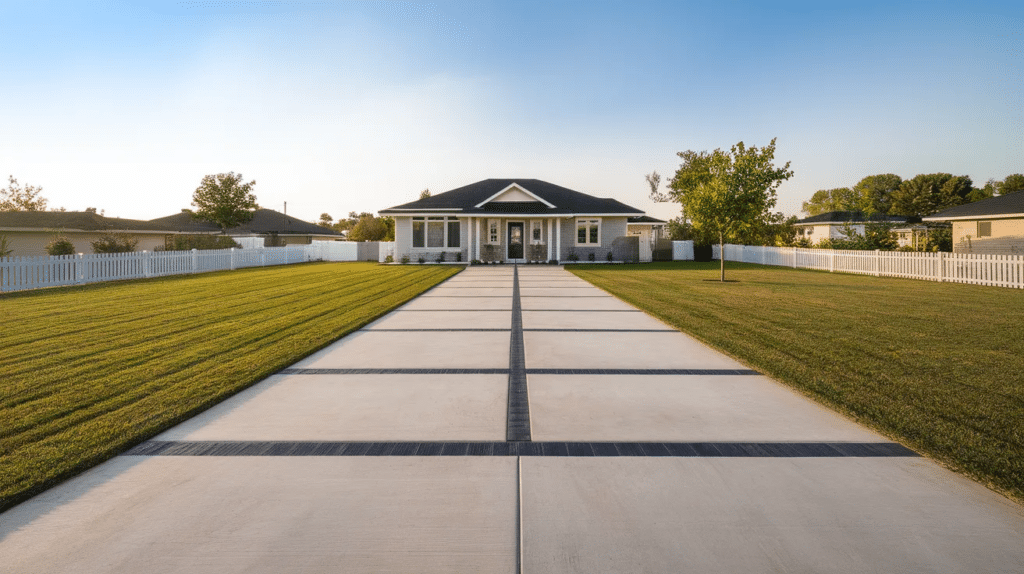 Modern concrete driveway in front of a suburban home