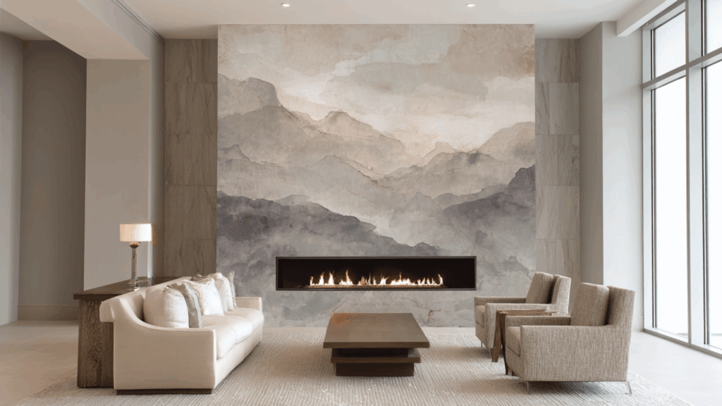 Modern fireplace wall with abstract hand painted mural backdrop.