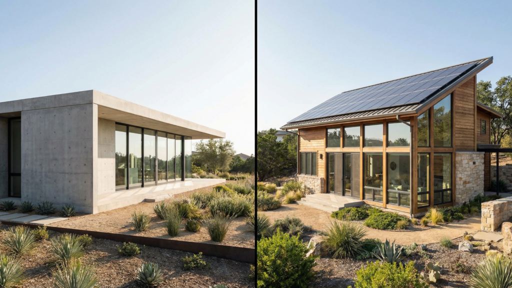 Modern flat-roof house next to a contemporary home with sustainable features
