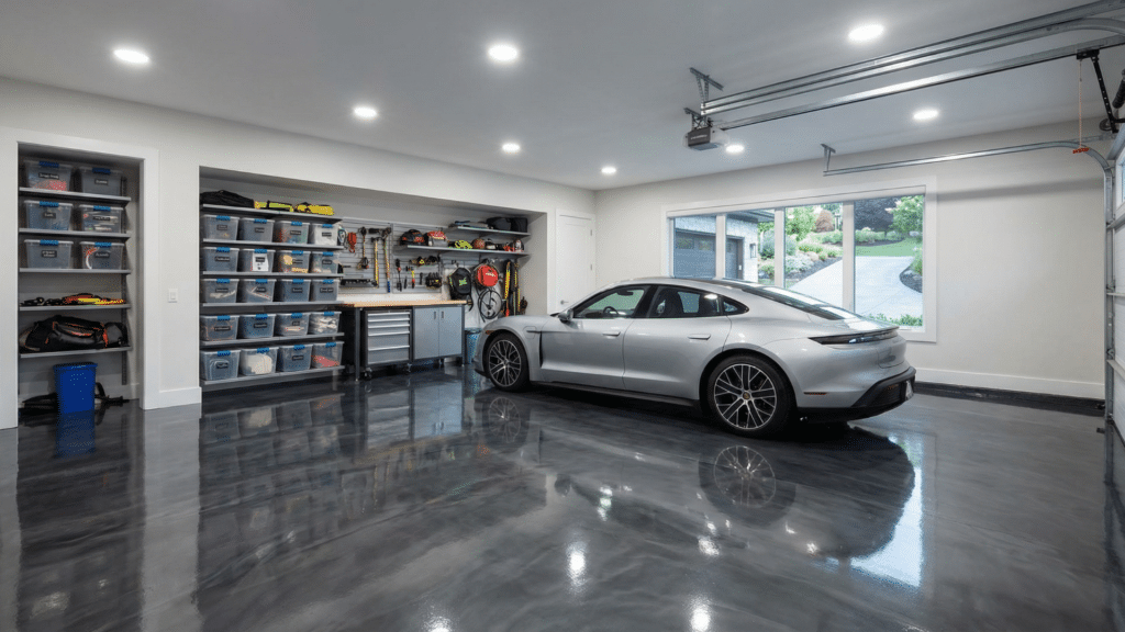 Best Garage Floor Coating Options for Your Home Modern garage with glossy garage floor coating and organized interior