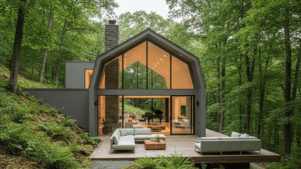 Modern gray woodland retreat featuring a modern dutch style house withnsoaring glass facade, wooden deck with outdoor seating., and a gravel path leading through dense ferns