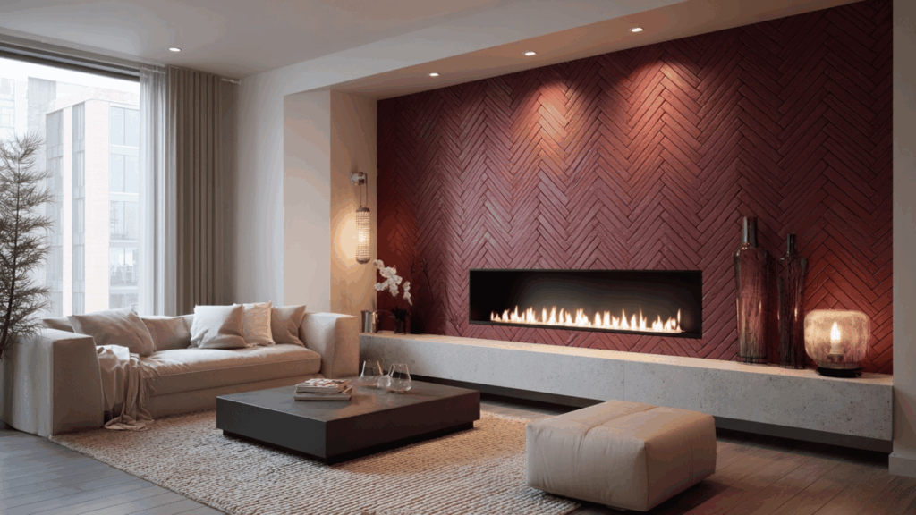 Modern herringbone brick fireplace accent wall with minimalist décor.