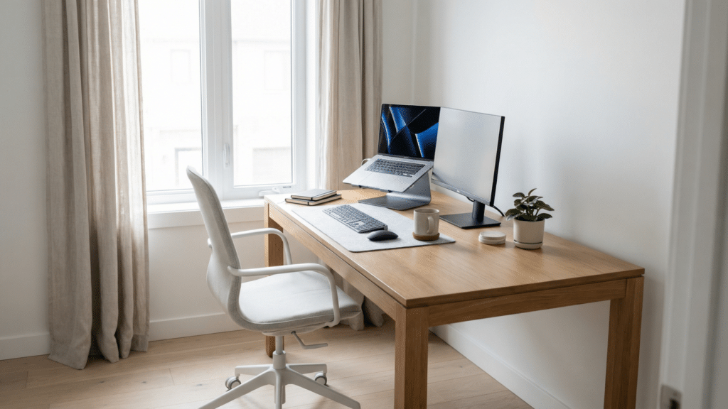 What are Standard Desk Sizes? Modern home office setup showing a standard desk size with ergonomic chair, lapto and computer