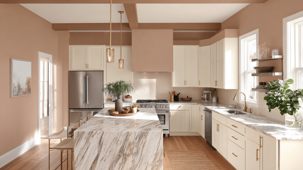 _Modern kitchen painted in Sherwin-Williams Sashay Sand SW 6051 with painted walls, white cabinets, warm marble countertops