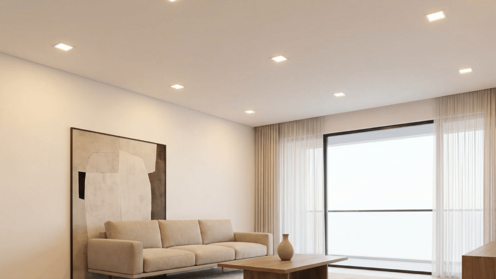 Modern living room with recessed ceiling lights, warm white lighting, clean white ceiling, minimalist interior design