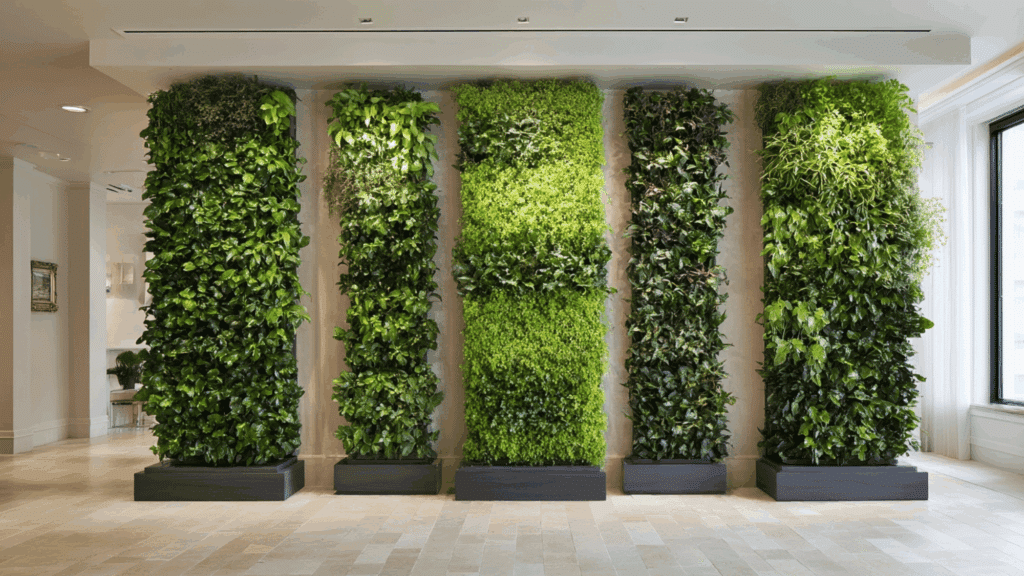 Modern living wall panels covered with lush green plants