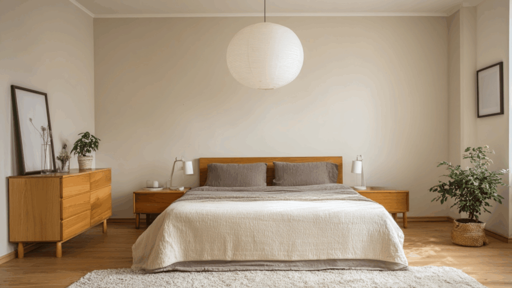 Modern neutral bedroom with statement pendant lighting