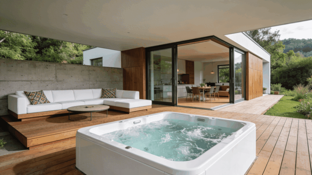 Modern outdoor patio featuring a white hot tub, a built-in wooden deck seating area with a white sectional sofa.
