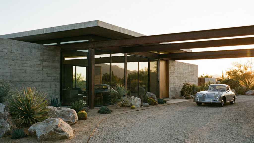 Modernist house with flat roof and large glass windows