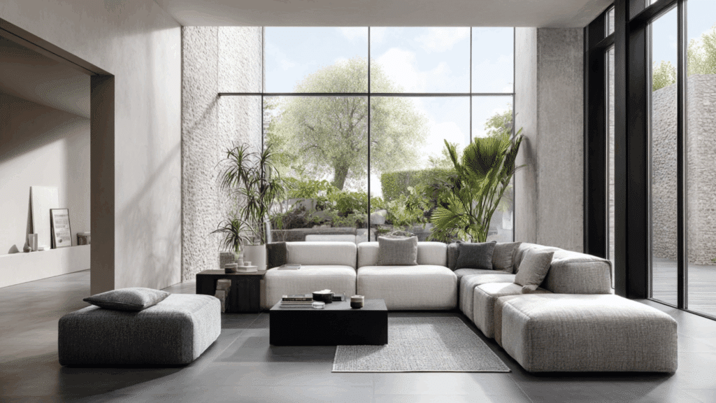 Modular sectional sofa with rearrangeable pieces in a simple modern room