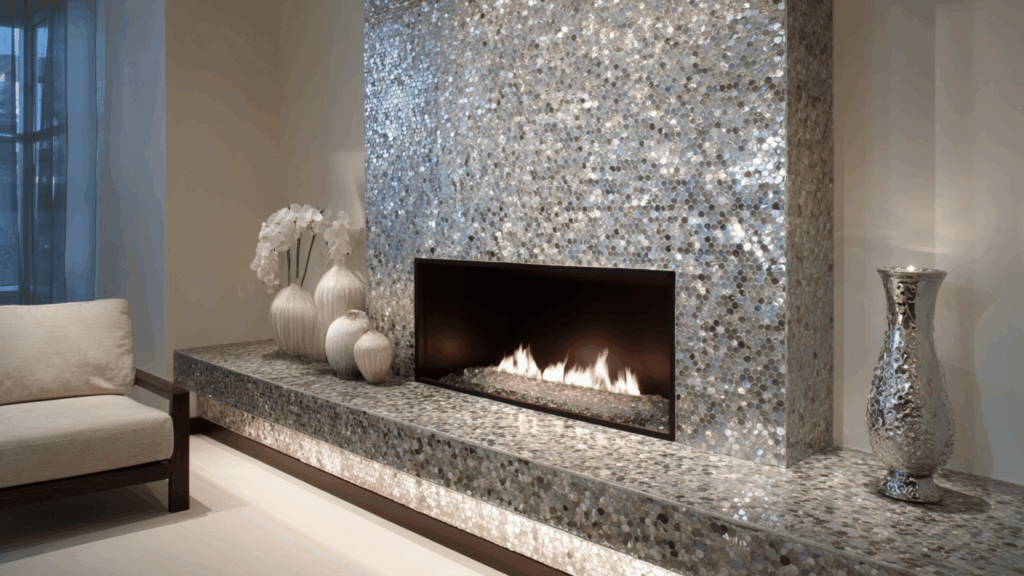 Mosaic glass pebble fireplace surround with modern clean styling