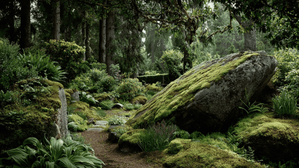 Moss-covered boulders creating a natural garden border