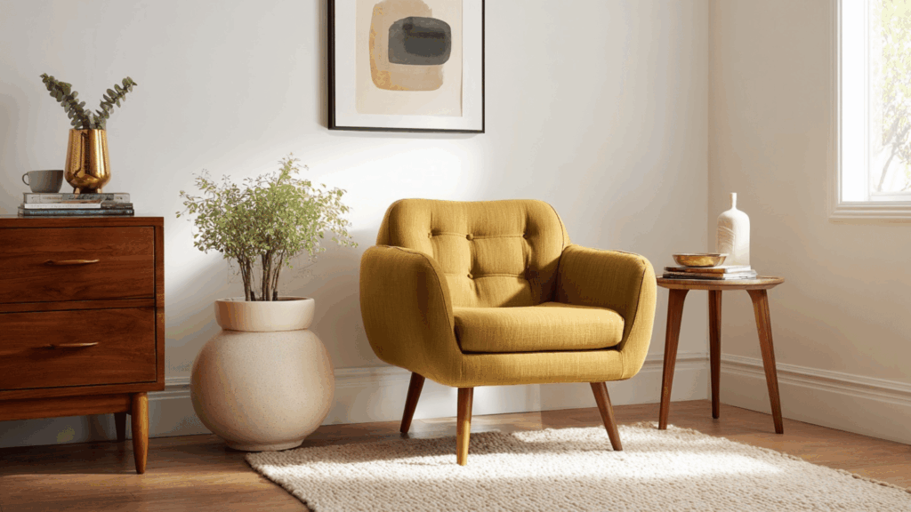 Mustard accent chair in mid century modern living room corner