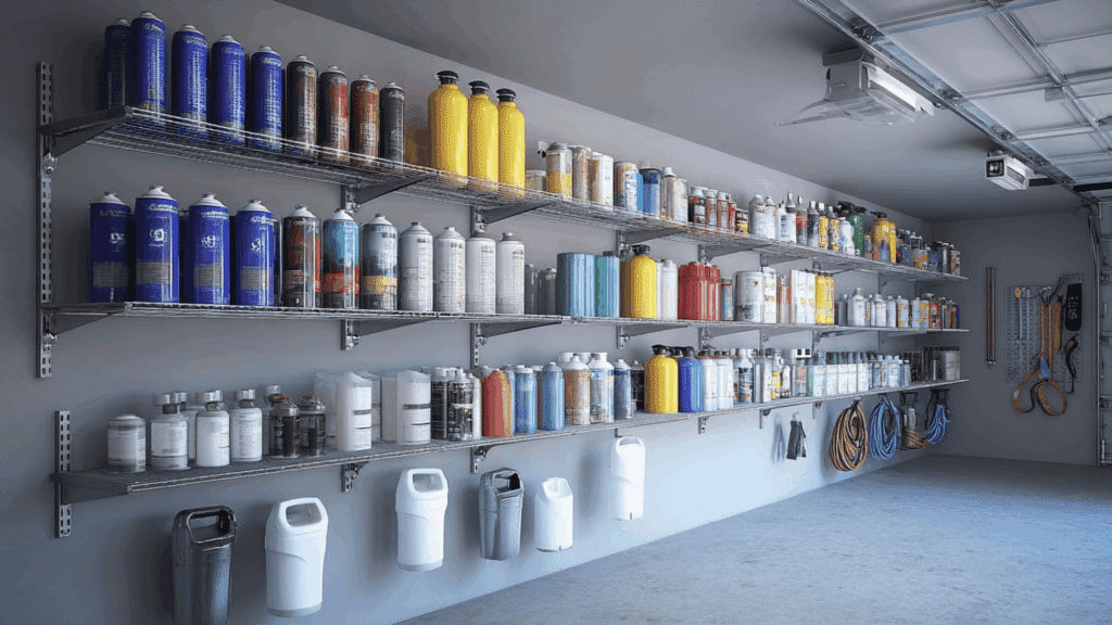 Narrow garage shelves holding spray cans and small items