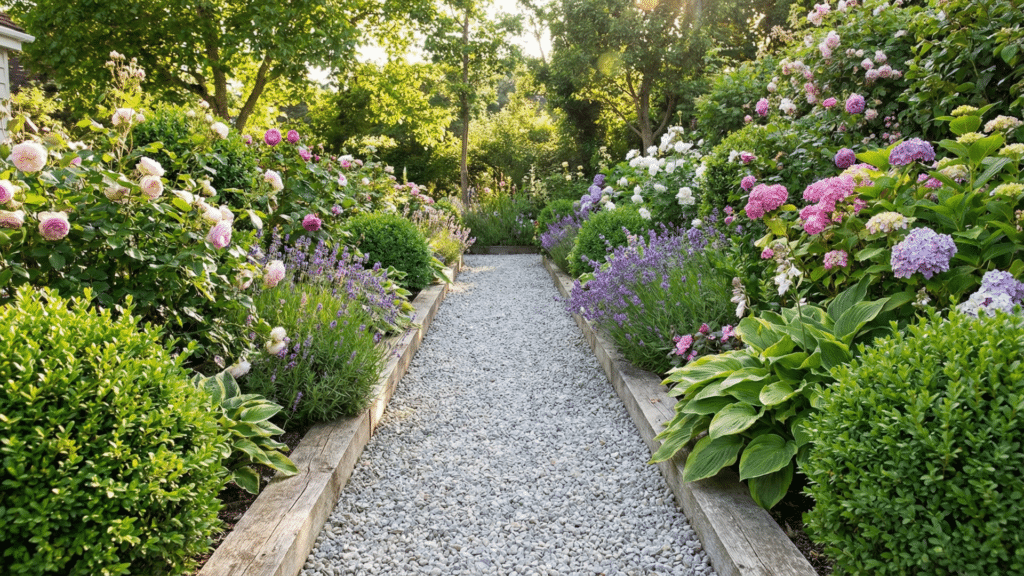 Narrow pea gravel garden path with wood edging and garden plants along the sides