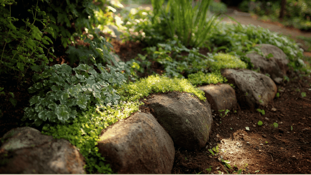 Natural fieldstone edging creating a soft, organic garden border