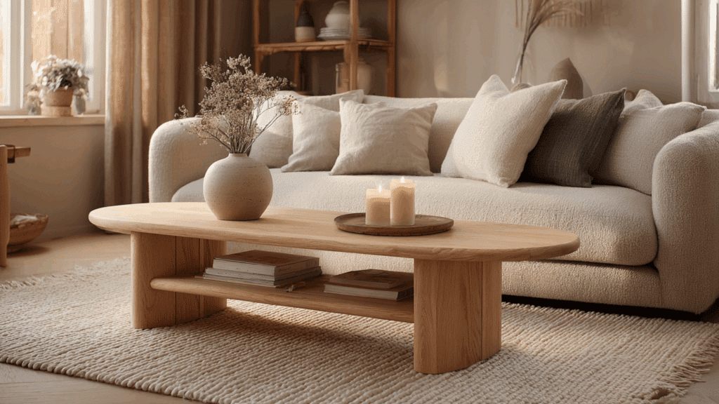 Natural oak rounded coffee table in an organic modern neutral living room
