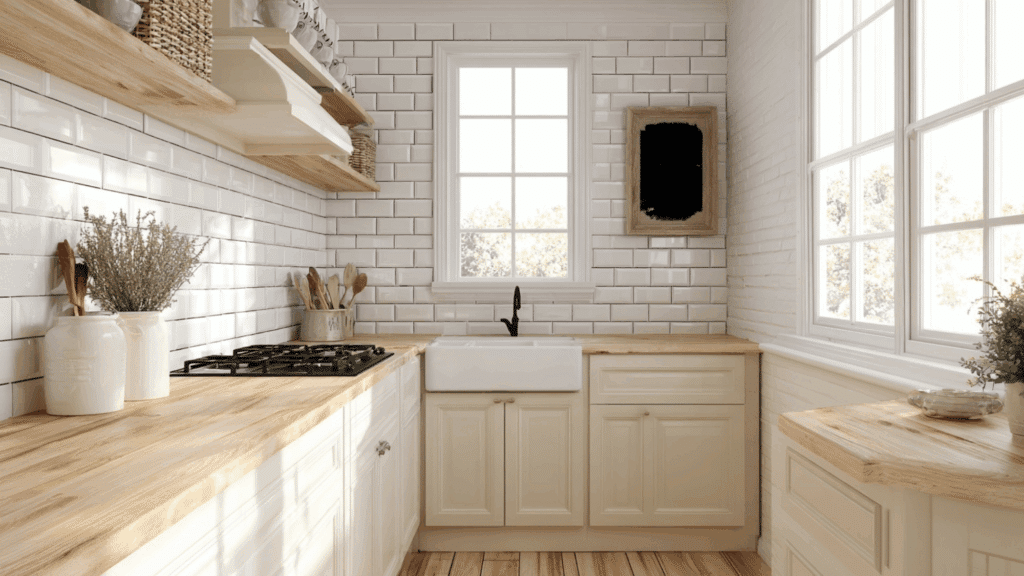 Natural wood countertops in a cozy cottage kitchen