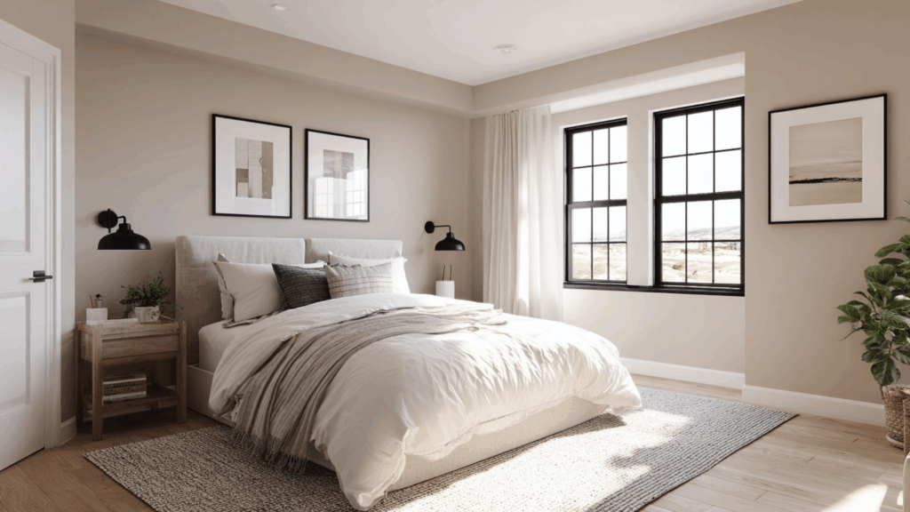 Neutral bedroom with black trim accents and beige decor