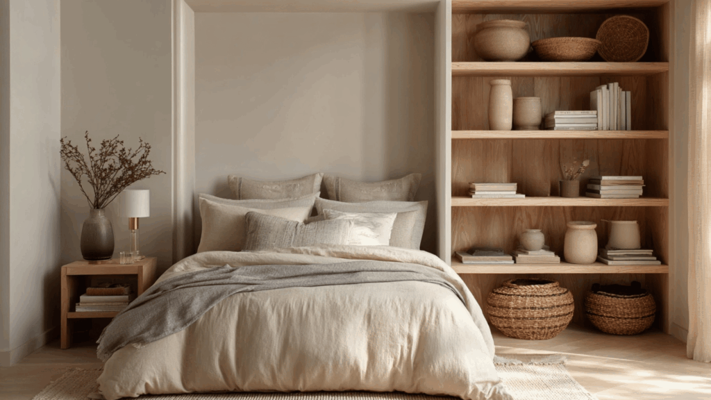 Neutral bedroom with built in shelving and simple cozy styling