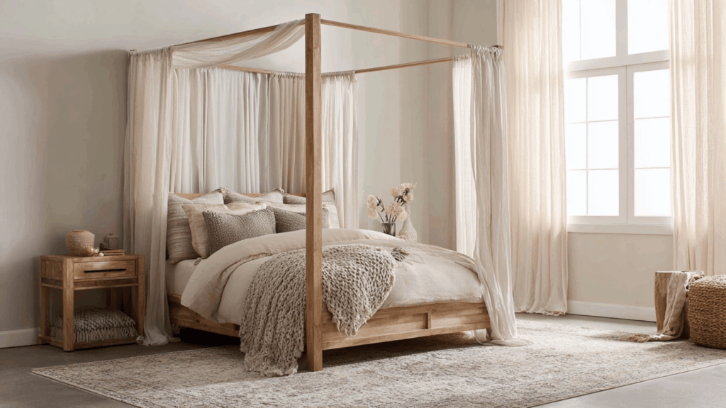 Neutral bedroom with canopy bed and soft white curtains