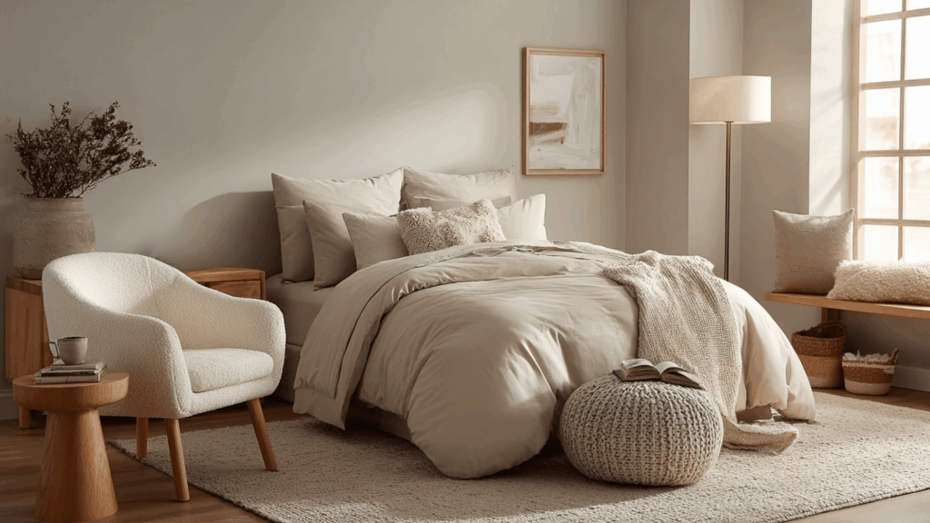 Neutral bedroom with cozy reading nook and soft warm lighting
