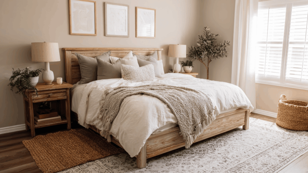 Neutral bedroom with layered rugs and warm beige bedding