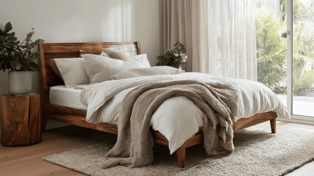 Neutral bedroom with natural wood bed frame and white bedding