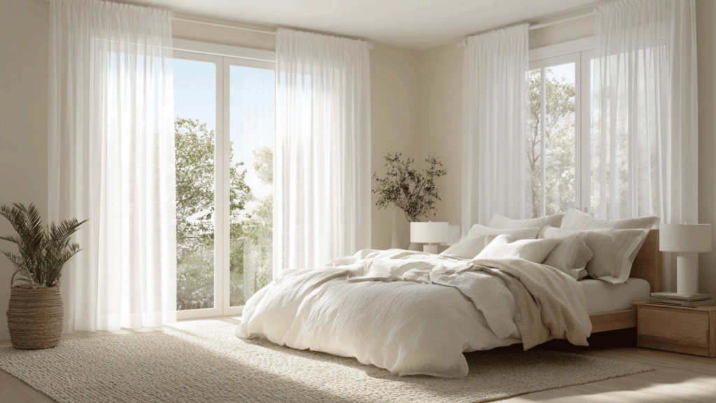 Neutral bedroom with sheer white curtains and soft natural light