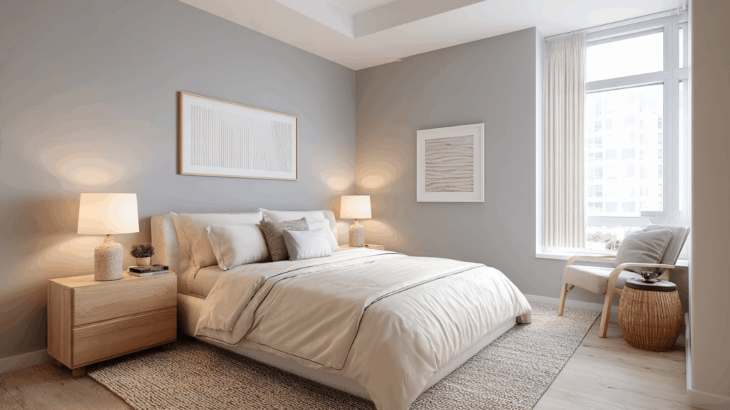 Neutral bedroom with soft gray walls and cream bedding