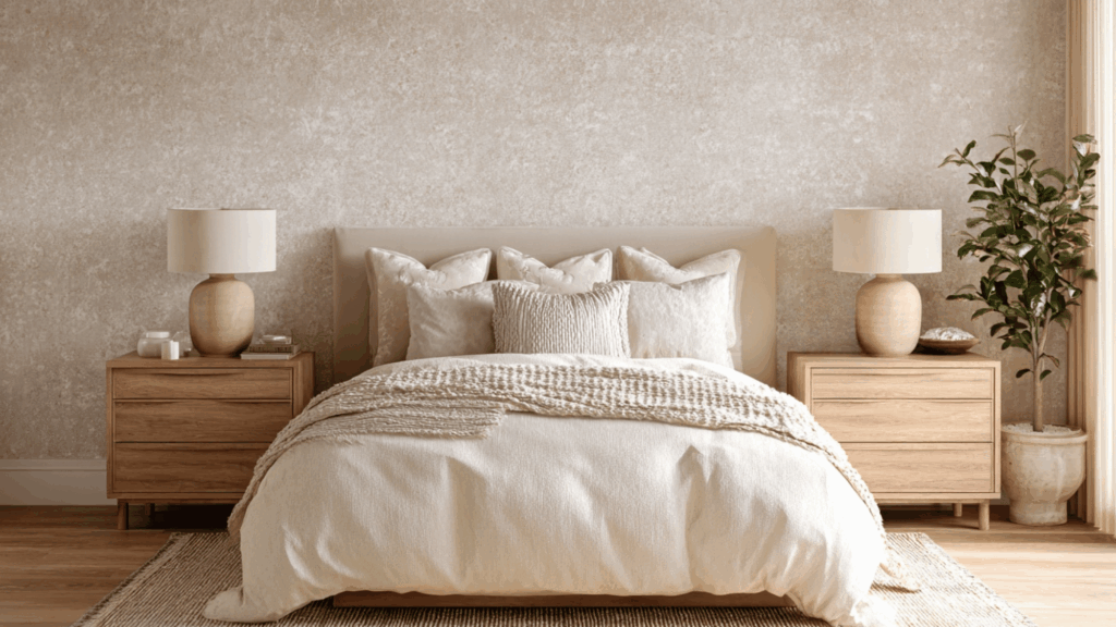 31 Cozy Neutral Bedroom Ideas You’ll Want to Copy Neutral bedroom with textured wallpaper and soft cream bedding
