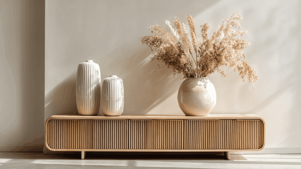 Neutral ceramic vases with pampas grass styled on a TV stand.