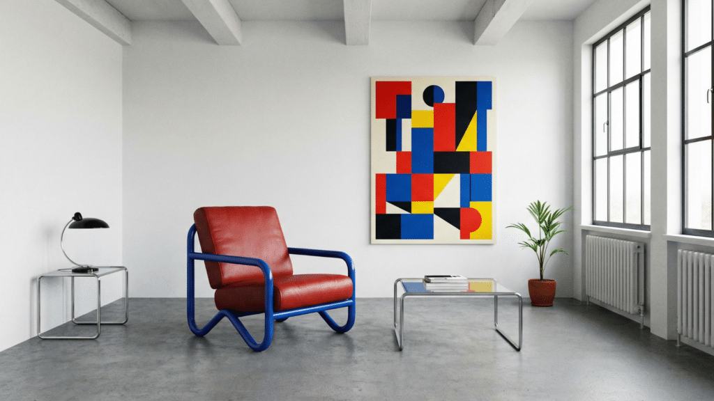 Neutral interior with bold red and blue accents reflecting Bauhaus color principles