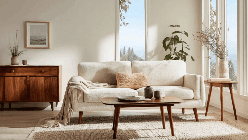 Neutral mid century modern living room with warm wood furniture and beige tones.