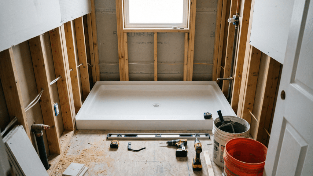 Newly installed white shower pan in unfinished bathroom during renovation