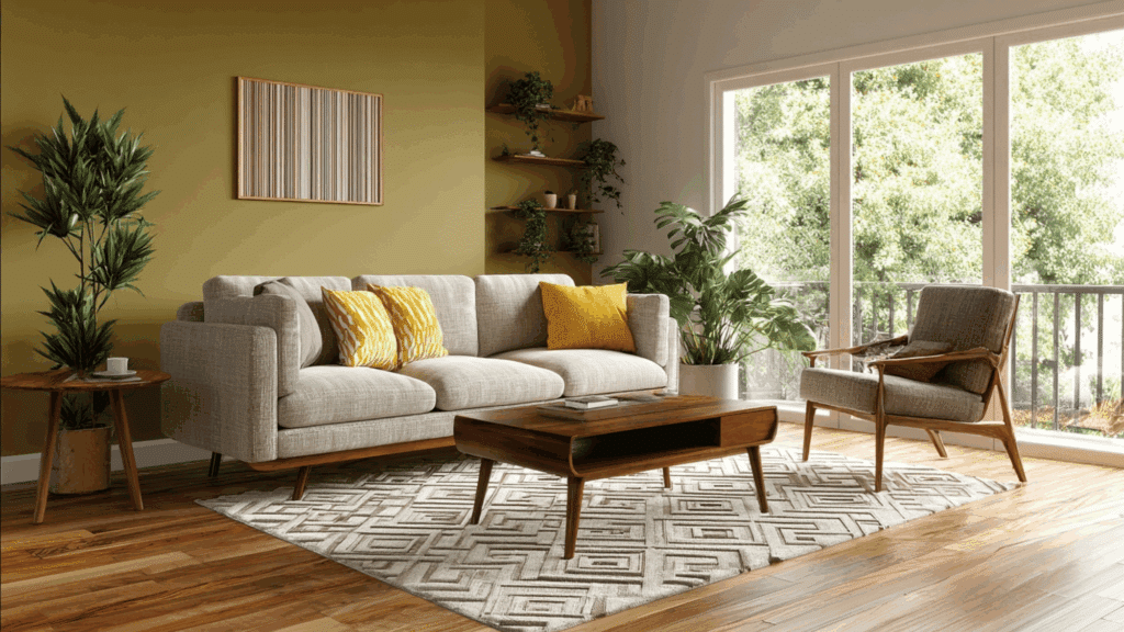 Olive wall and mustard accents in mid century living room