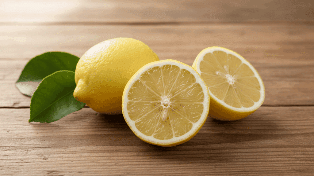 One whole interdonato lemon, one halved lemon showing juicy pulp, and two green leaves rest on a rustic wooden surface.