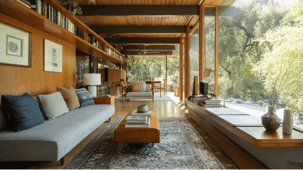 Open concept mid century modern living room with open layout