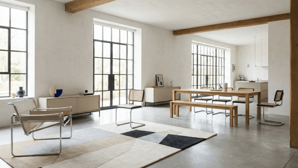 Open layout interior with minimal walls and functional furniture inspired by Bauhaus design