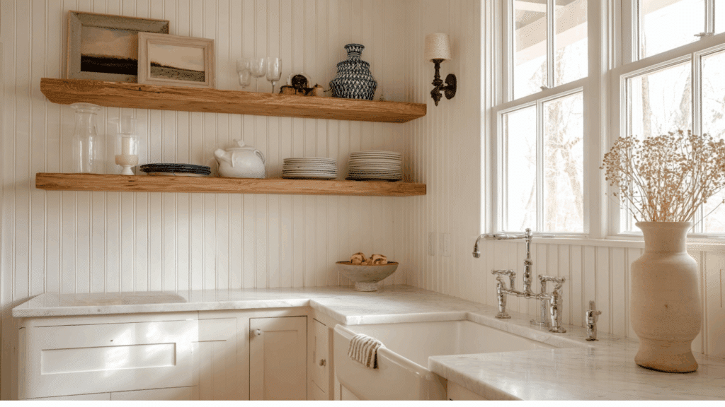 Open wooden shelving in a classic cottage kitchen with rustic charm