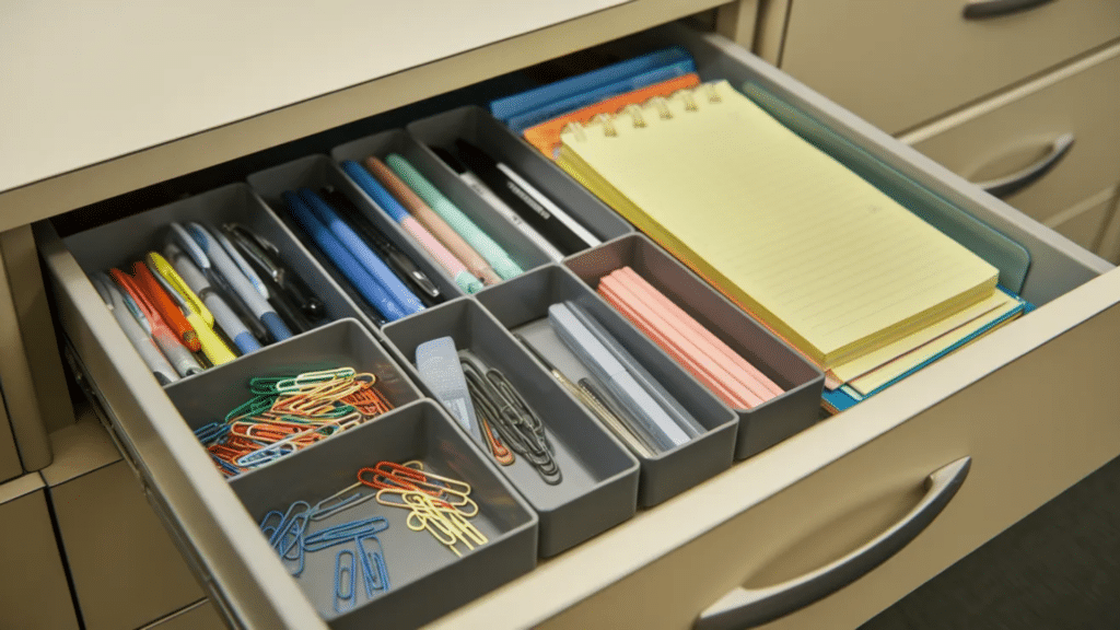 Organized cubicle drawer with dividers and office supplies