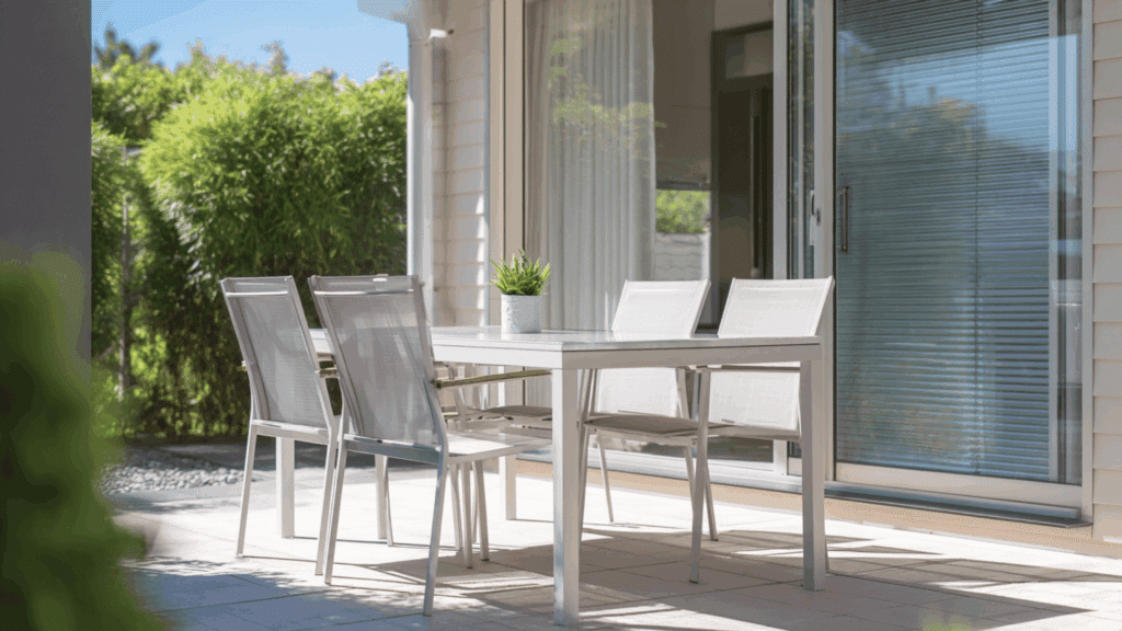 Outdoor dining table placed near house entrance. (1)