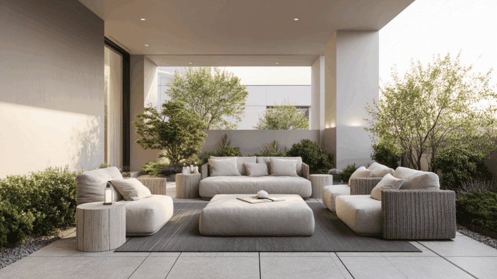 Outdoor sofa set centered on patio instead of placed against walls.