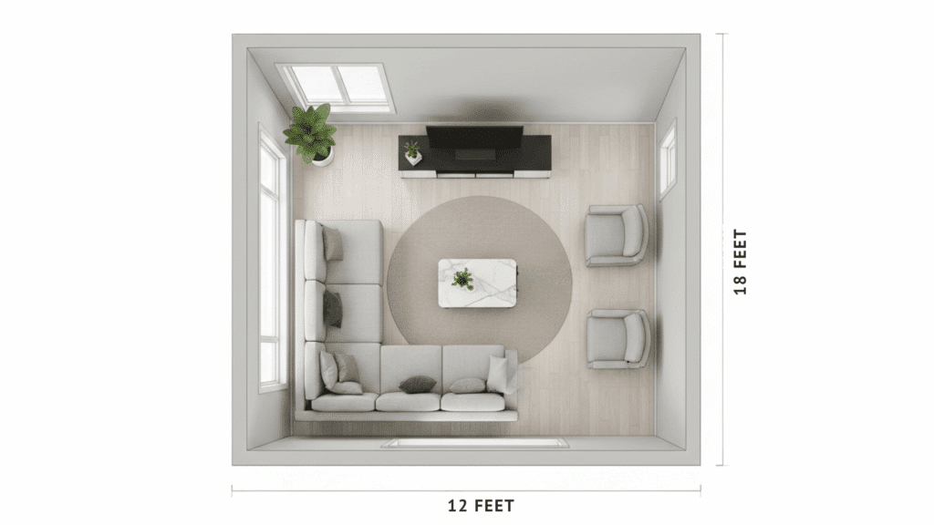 Typical Dimensions of an Average Living Room Size Overhead view of a modern living room floor plan measuring 12 feet by 18 feet, the standard living room dimension.s